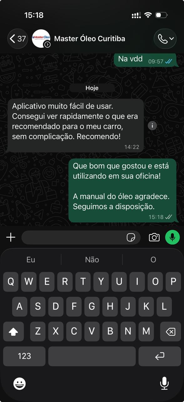 Depoimento de Master Óleo Curitiba via WhatsApp